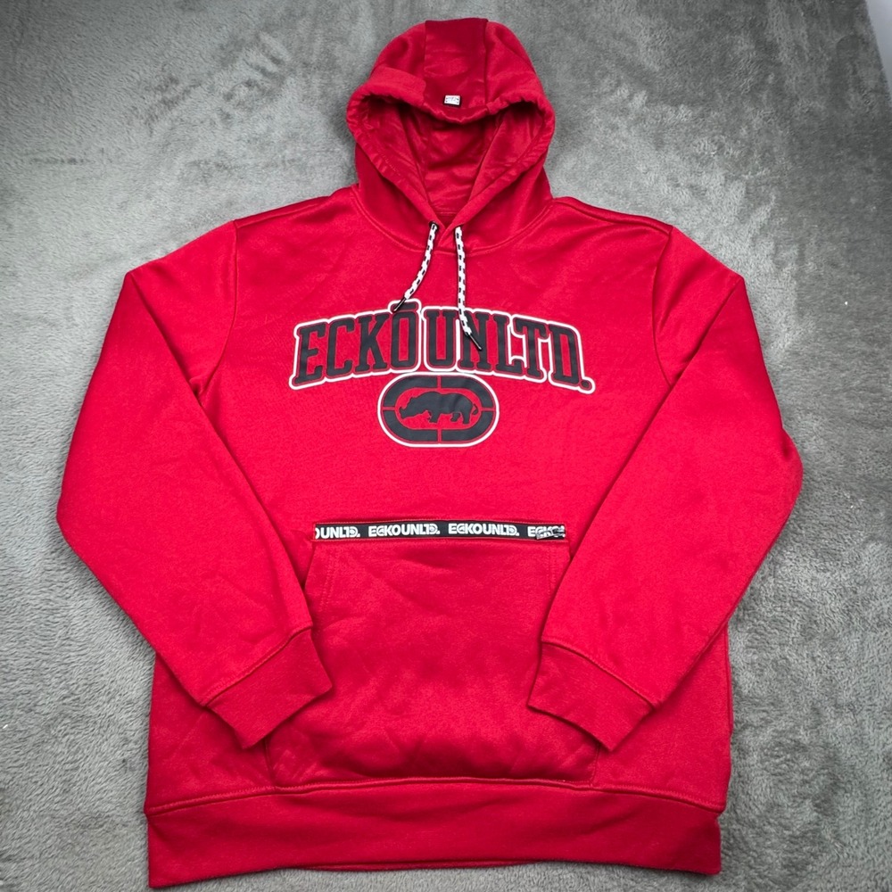 Ecko Unltd Hoodie Mens XL Red Excellent Graphic Logo Tech Fleece Pullover - Picture 2 of 10